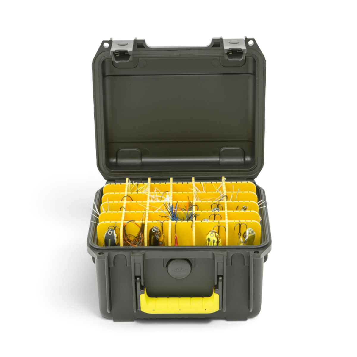 SKB Cases iSeries 0907-6 waterproof lure case in black with yellow interior dividers and fishing lures inside.