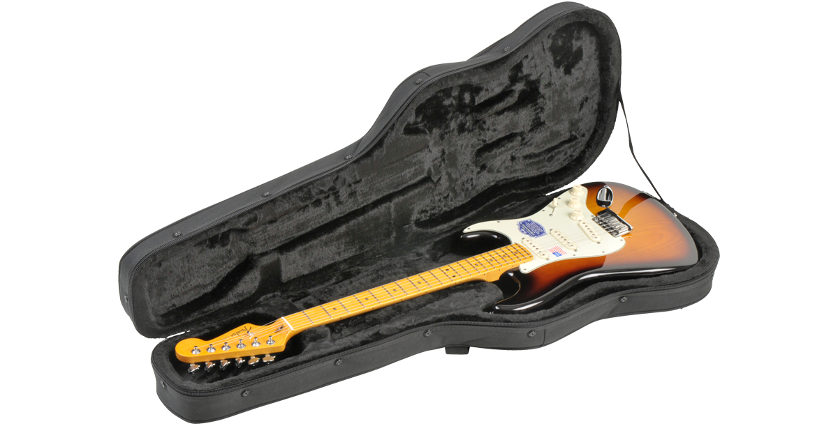 Angled view of Electric Guitar Soft Case Universal Fit holding a Strat-style guitar, showcasing interior padding and universal fit for electric guitars.