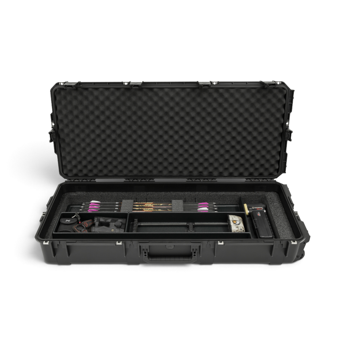 SKB Cases iSeries waterproof bow case with foam interior, holding arrows and archery accessories in an open view.
