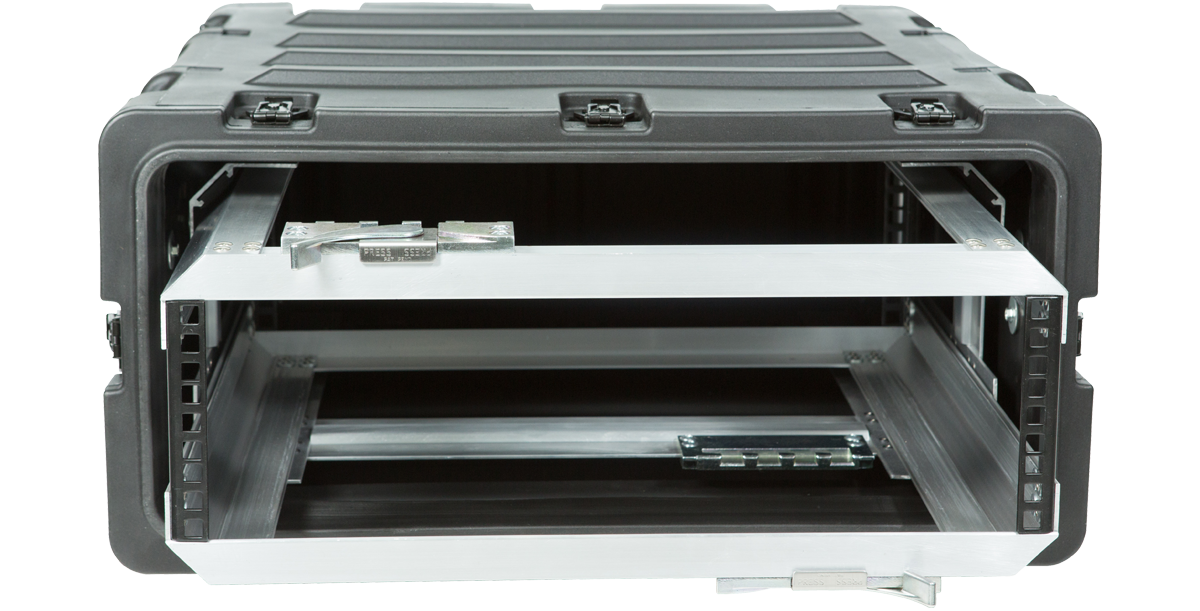 Close-up of 20 Inch Shock Rack - 3U RR Series front with visible latches and internal frame for secure electronics installation.