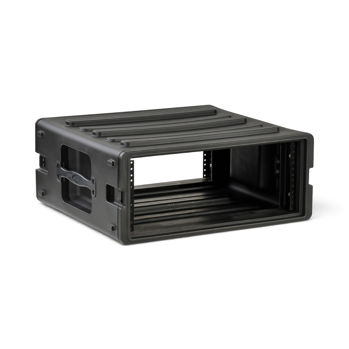 Angled open view of 4U rSeries Rack - Durable Rack Mount Case with interior rails and rugged design for pro-audio and household accessory kits.