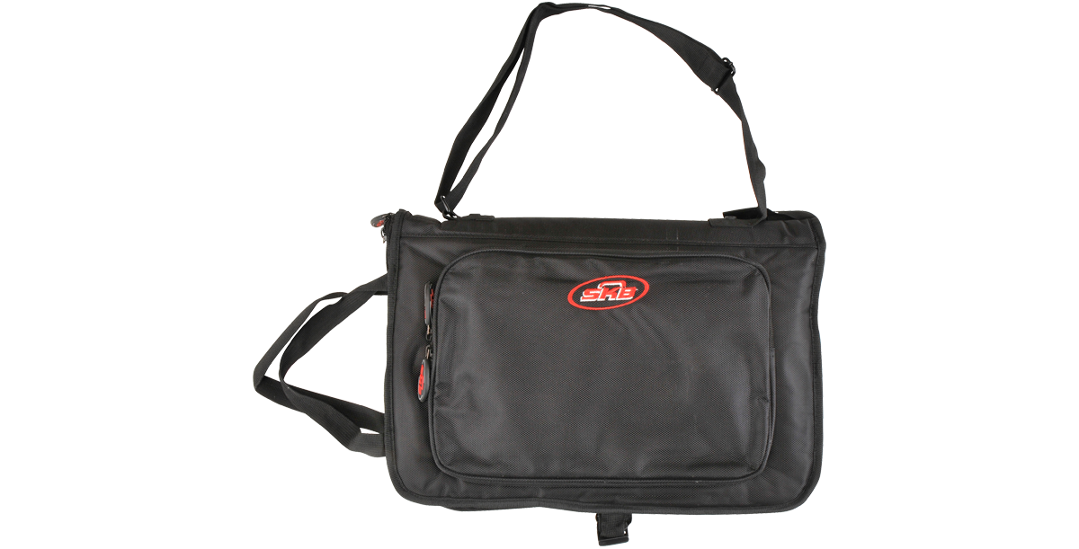 SKB Drum Stick Bag with Pockets featuring a durable black exterior, shoulder strap, and front zippered pocket for accessory storage.
