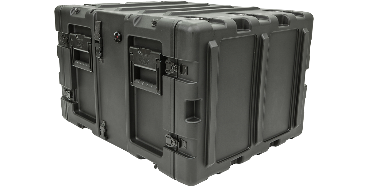 Closed side view of 20-inch SKB Shock Rack Case featuring durable latches and molded handles for secure and easy transport.