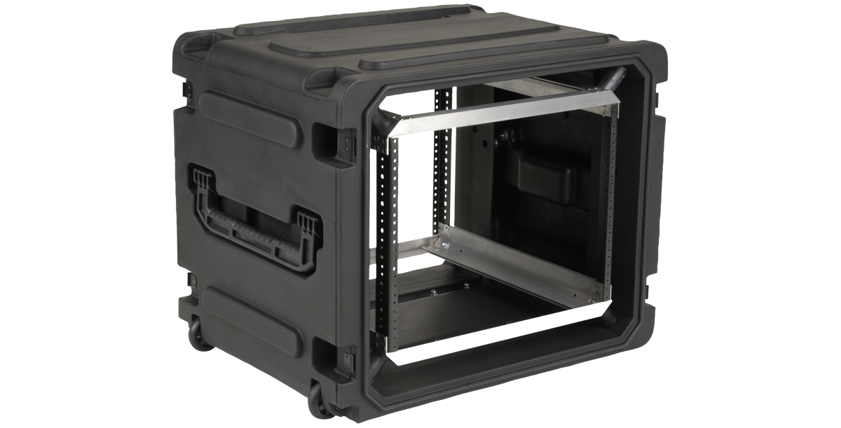 Open view of 20-inch Rolling Shock Rack showing internal aluminum frame and shock-mounted rails for secure pro-audio equipment storage.
