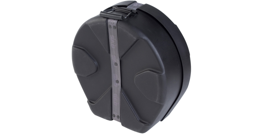 Angled view of the Snare Drum Case - Durable Protection, showcasing its rugged roto-molded shell and reinforced strap for secure closure.