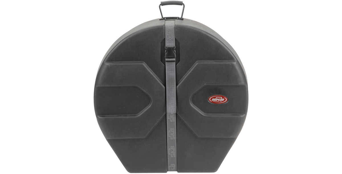 Front view of closed Lead/Tenor Steel Drum Case featuring molded hard shell, buckle strap, and top handle for easy carrying.