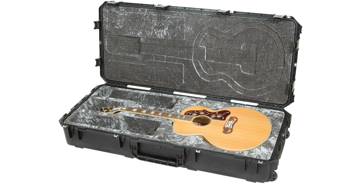 Waterproof Jumbo Acoustic Guitar Case with TSA latches, shown open with a jumbo guitar inside, ideal for travel and protection.