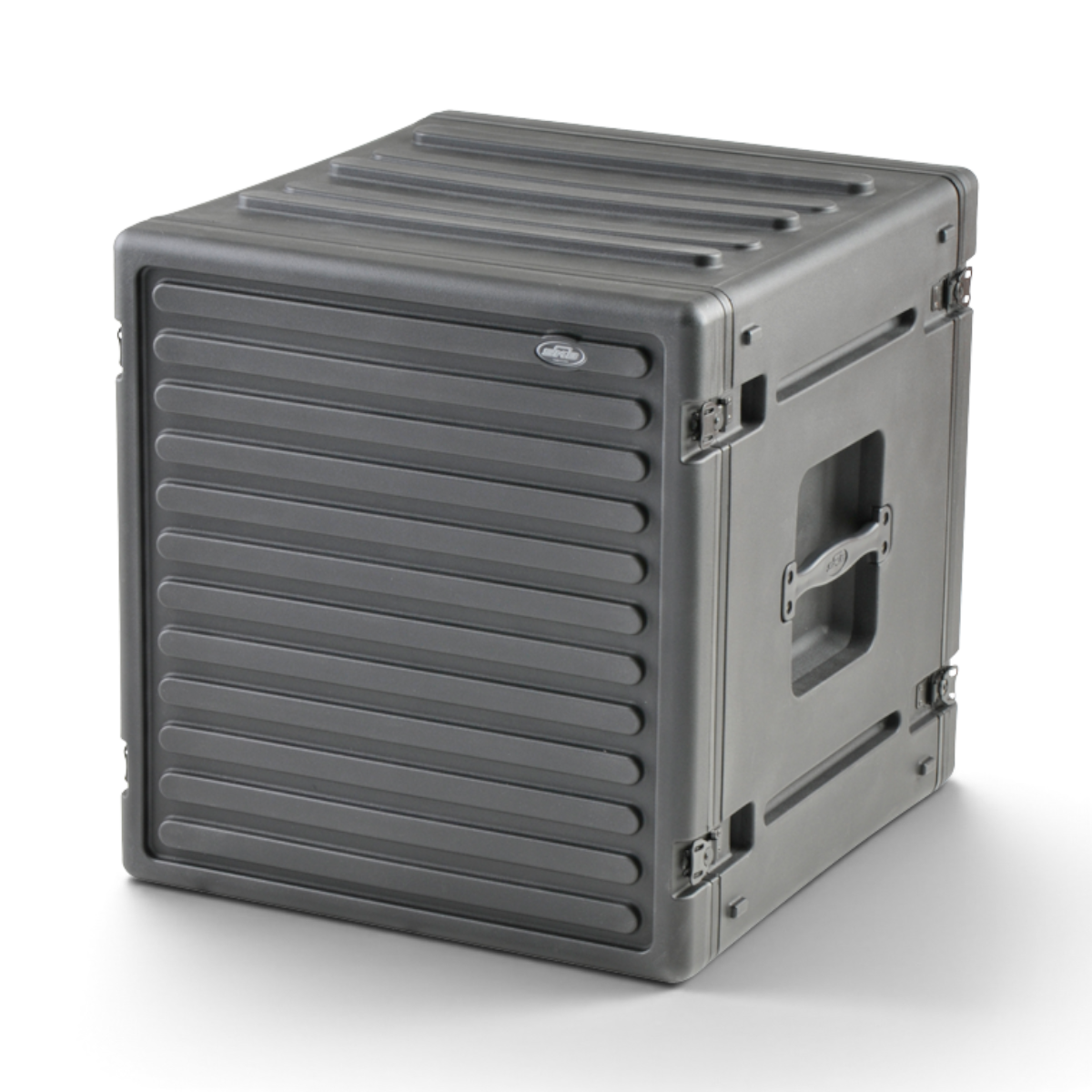 Angled view of 12U Roto Rack Case with steel rails and side handle, designed for heavy-duty use and easy mobility.
