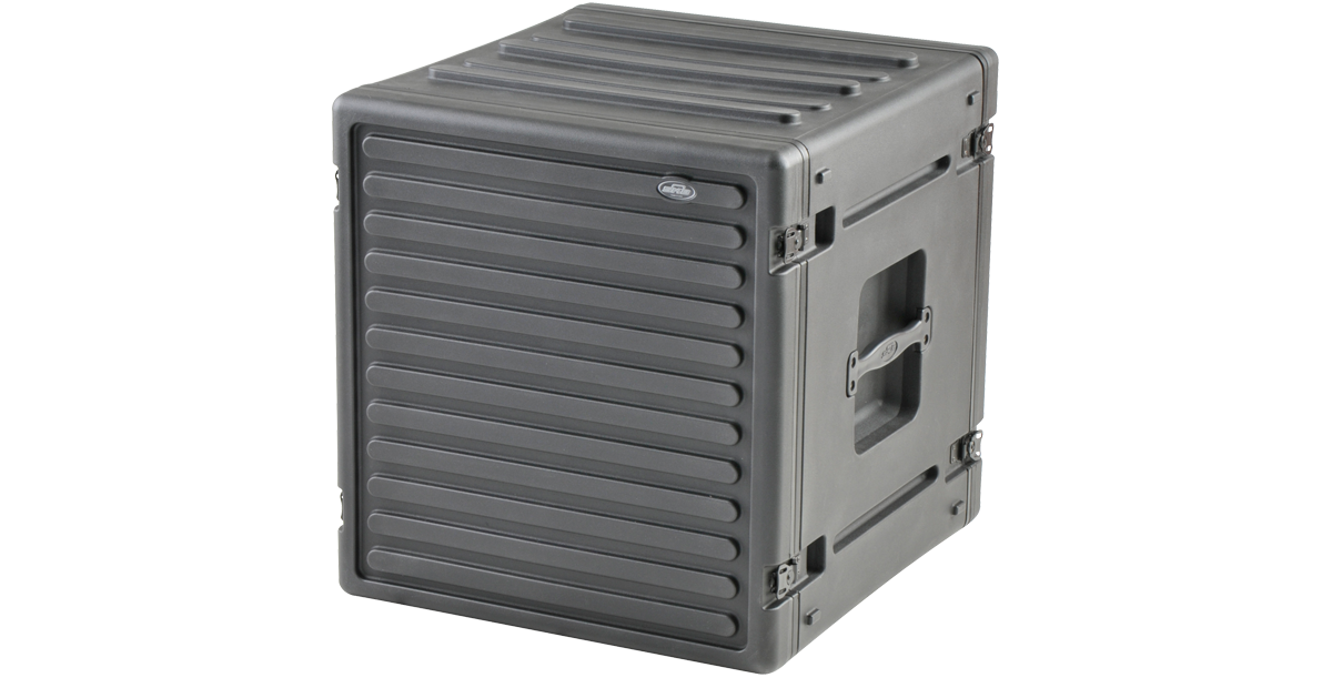 Angled view of 12U Roto Rack Case with steel rails and side handle, designed for heavy-duty use and easy mobility.