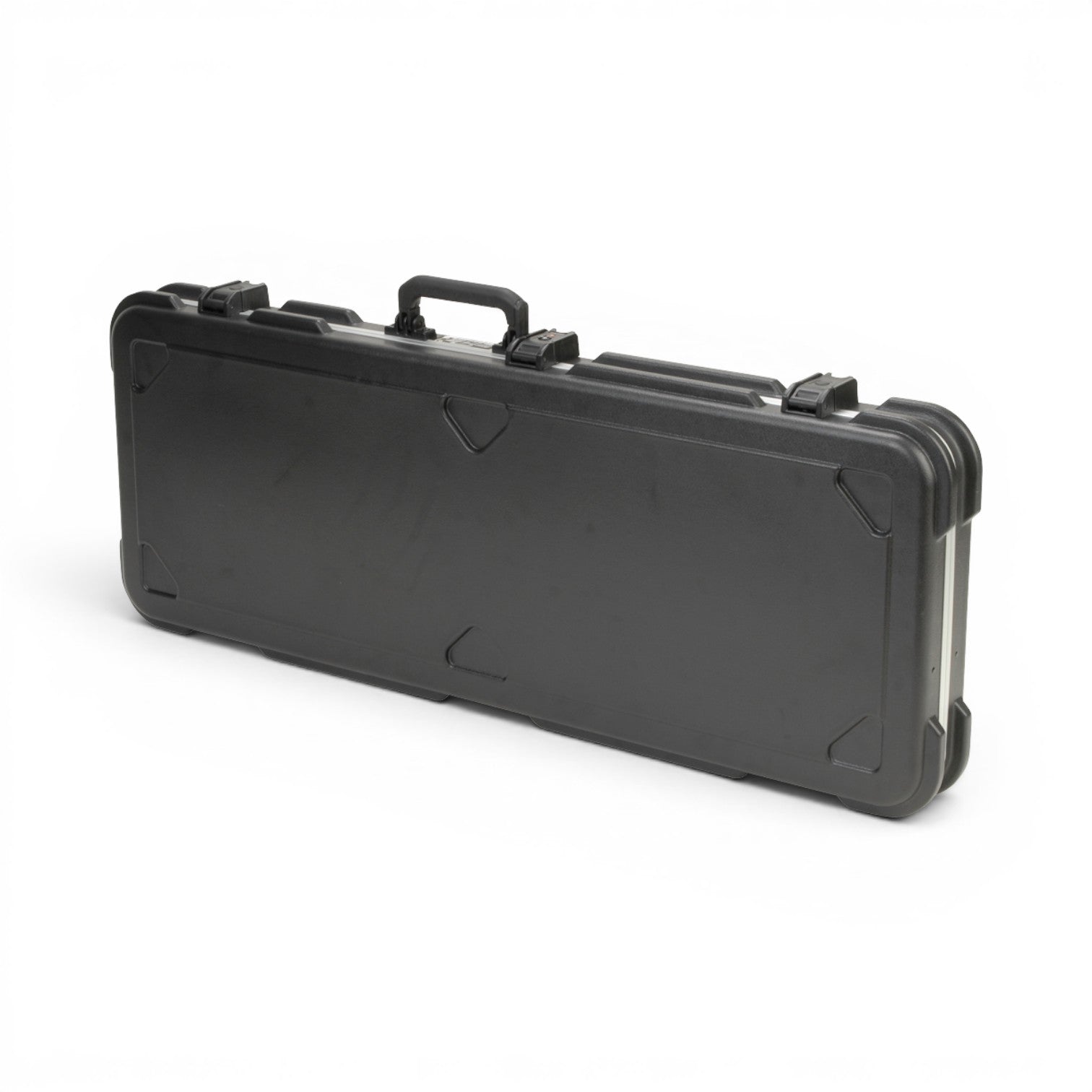 Closed Fender Jaguar Guitar Case in black hardshell design with TSA-approved latches and molded exterior for durability.