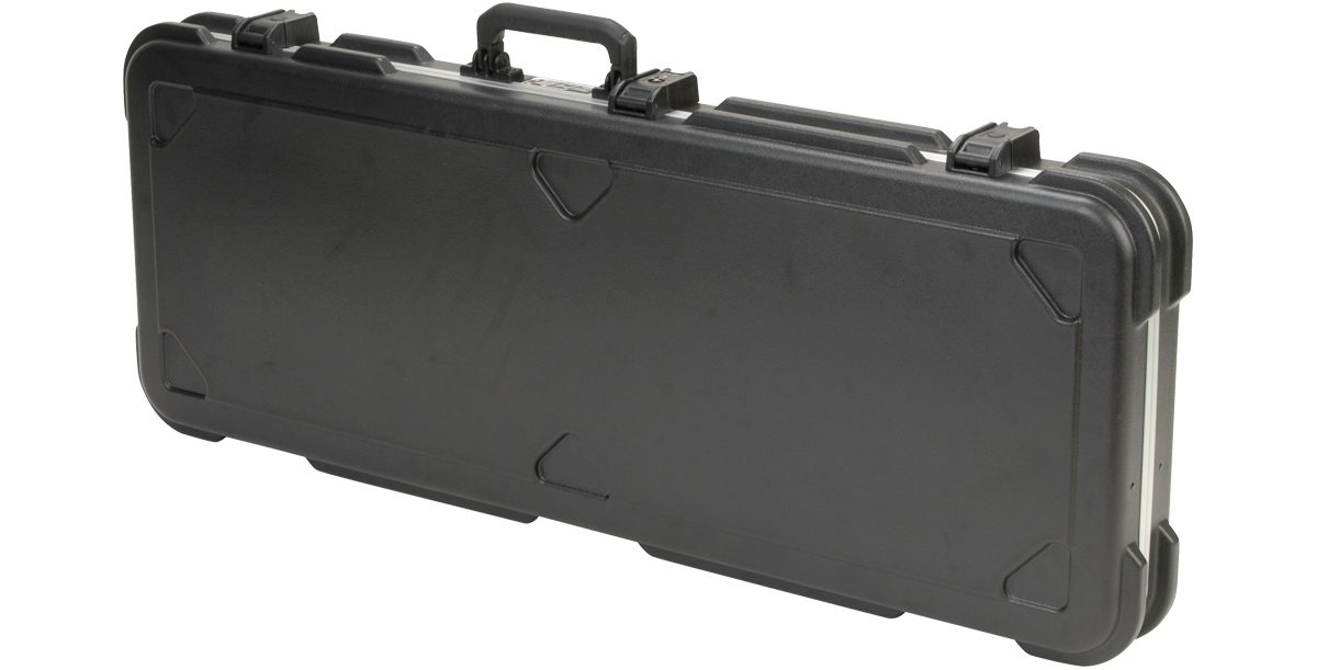 Closed Fender Jaguar Guitar Case in black hardshell design with TSA-approved latches and molded exterior for durability.