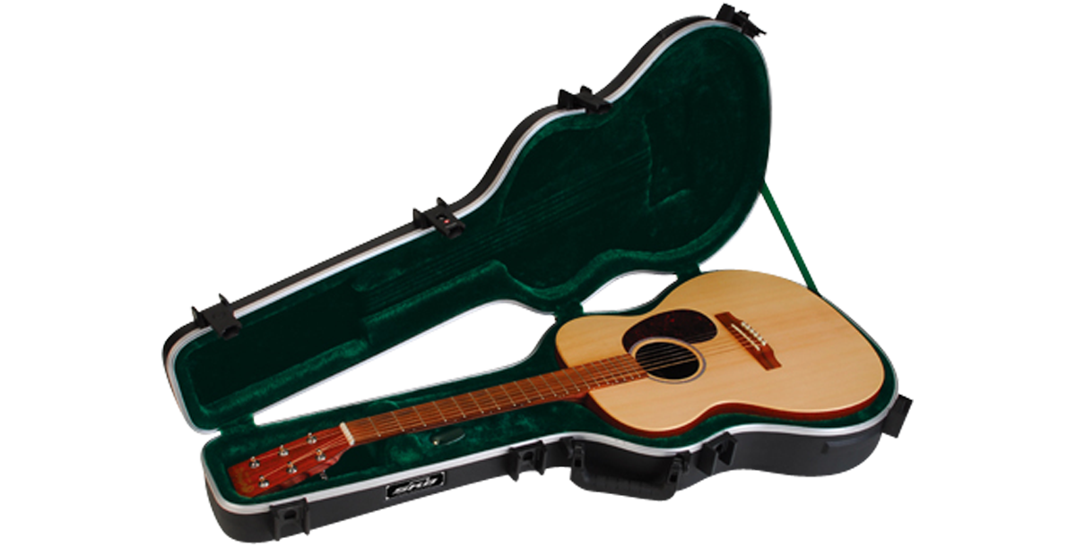 Open 000 Guitar Case showing plush green interior and snug fit for acoustic guitars. Designed for protection and travel convenience.