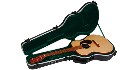 Open 000 Guitar Case showing plush green interior and snug fit for acoustic guitars. Designed for protection and travel convenience.