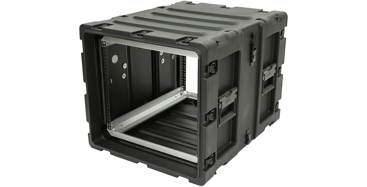 Angled open view of SKB 24-Inch Shock Rack Case, highlighting shockproof frame and rugged shell for pro audio or IT equipment.