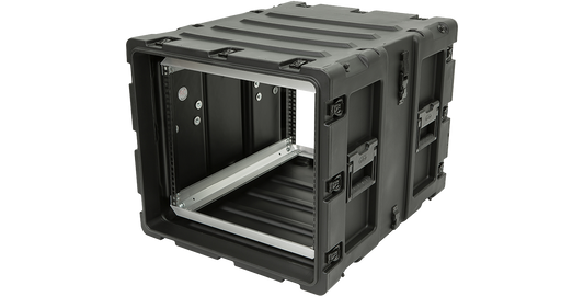 Angled open view of SKB 24-Inch Shock Rack Case, highlighting shockproof frame and rugged shell for pro audio or IT equipment.