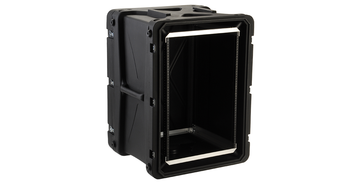 Side view of 16U shock rack case with open front, highlighting airflow design and shock-mounted interior for rackmount accessories.