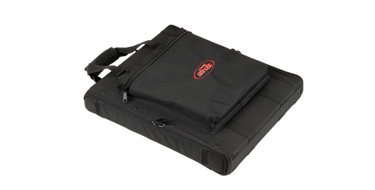 1U Soft Rack Case in black with adjustable strap and front storage pocket, designed for compact transport of pro audio gear.