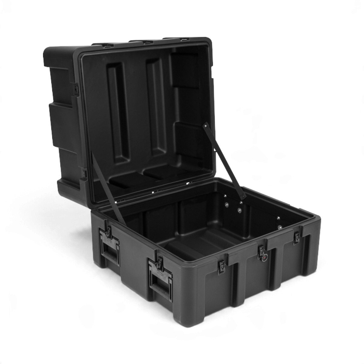 SKB Cases rSeries 2624-20 black roto-molded mil-spec shipping case with open lid and stainless steel latches