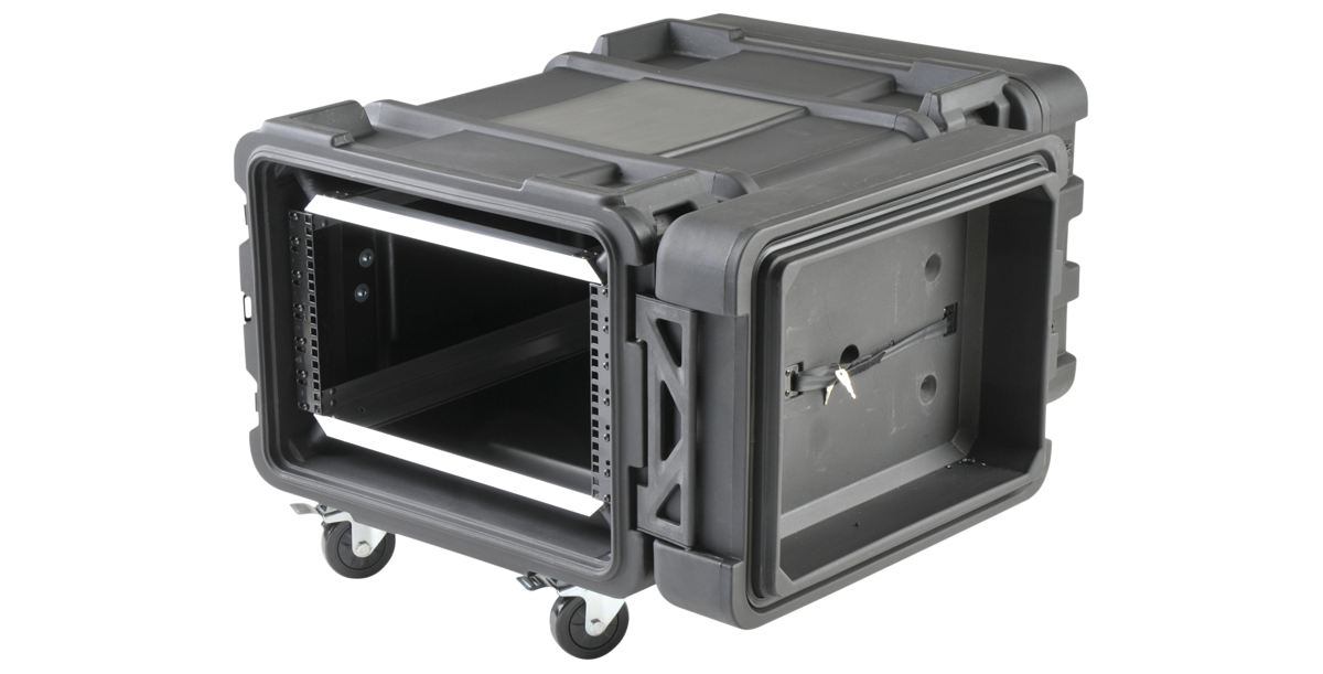 Angled view of 6U shock rack case showing reinforced corners and internal rail system for secure rackmount installation.