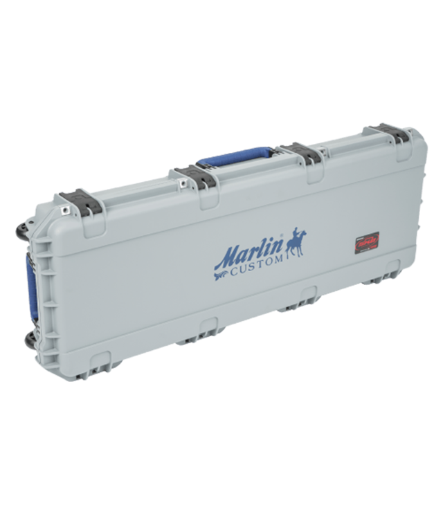 Gray gun case with 'Marlin Custom' branding on a white background