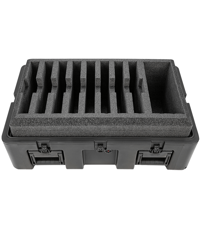 Black foam-lined hard-shell case on a white background