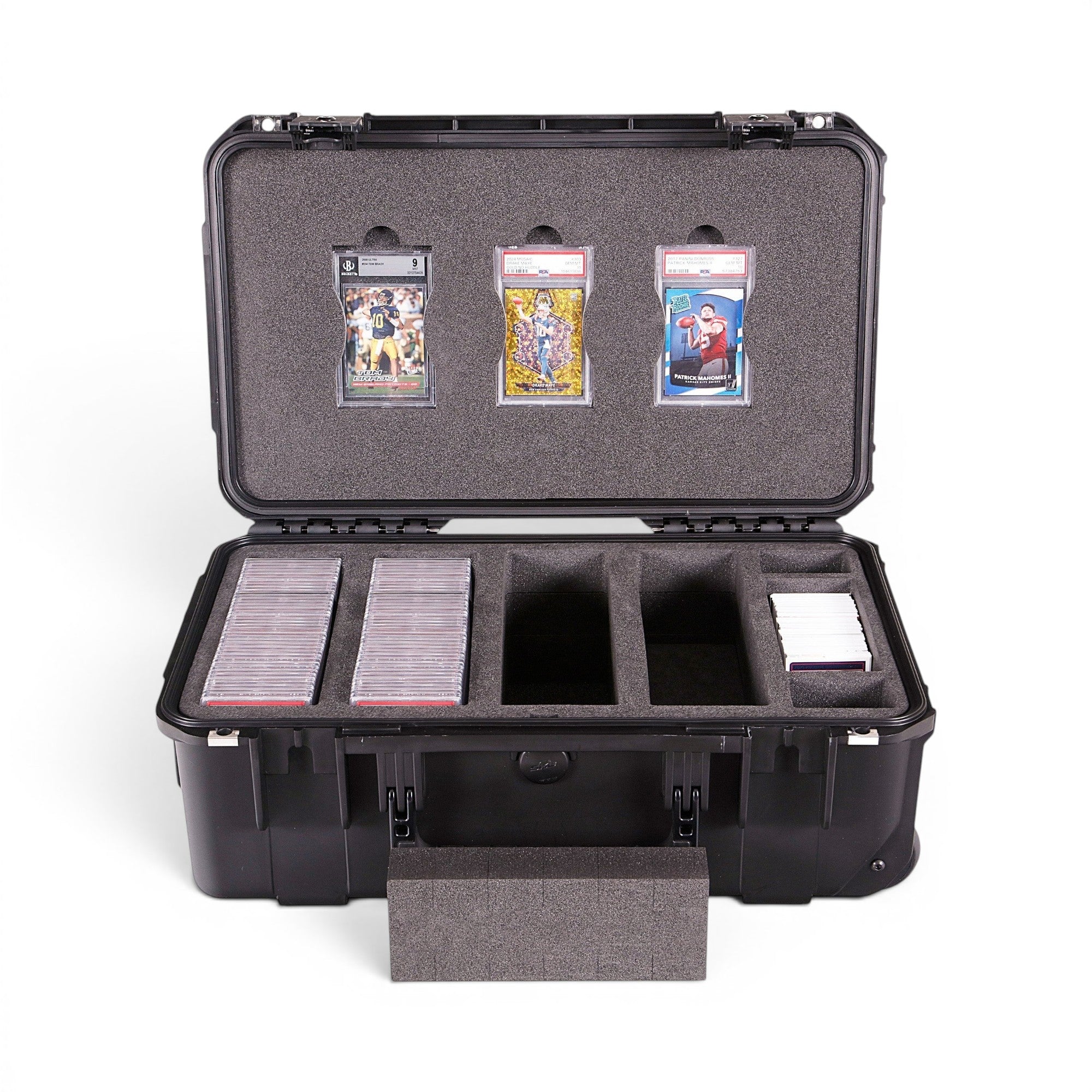 Black protective case with compartments for card storage on a white background
