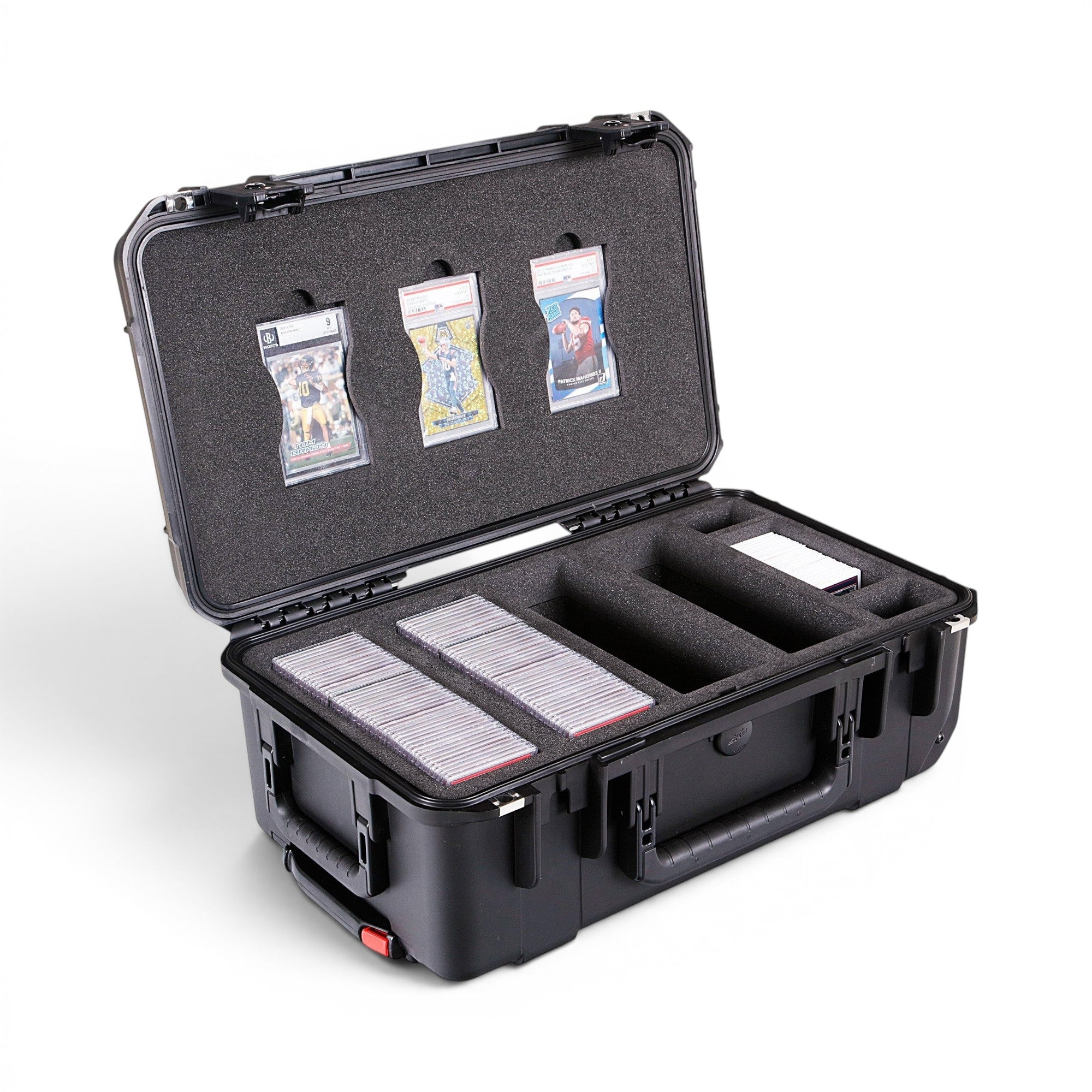 Black protective case with compartments for items on a white background
