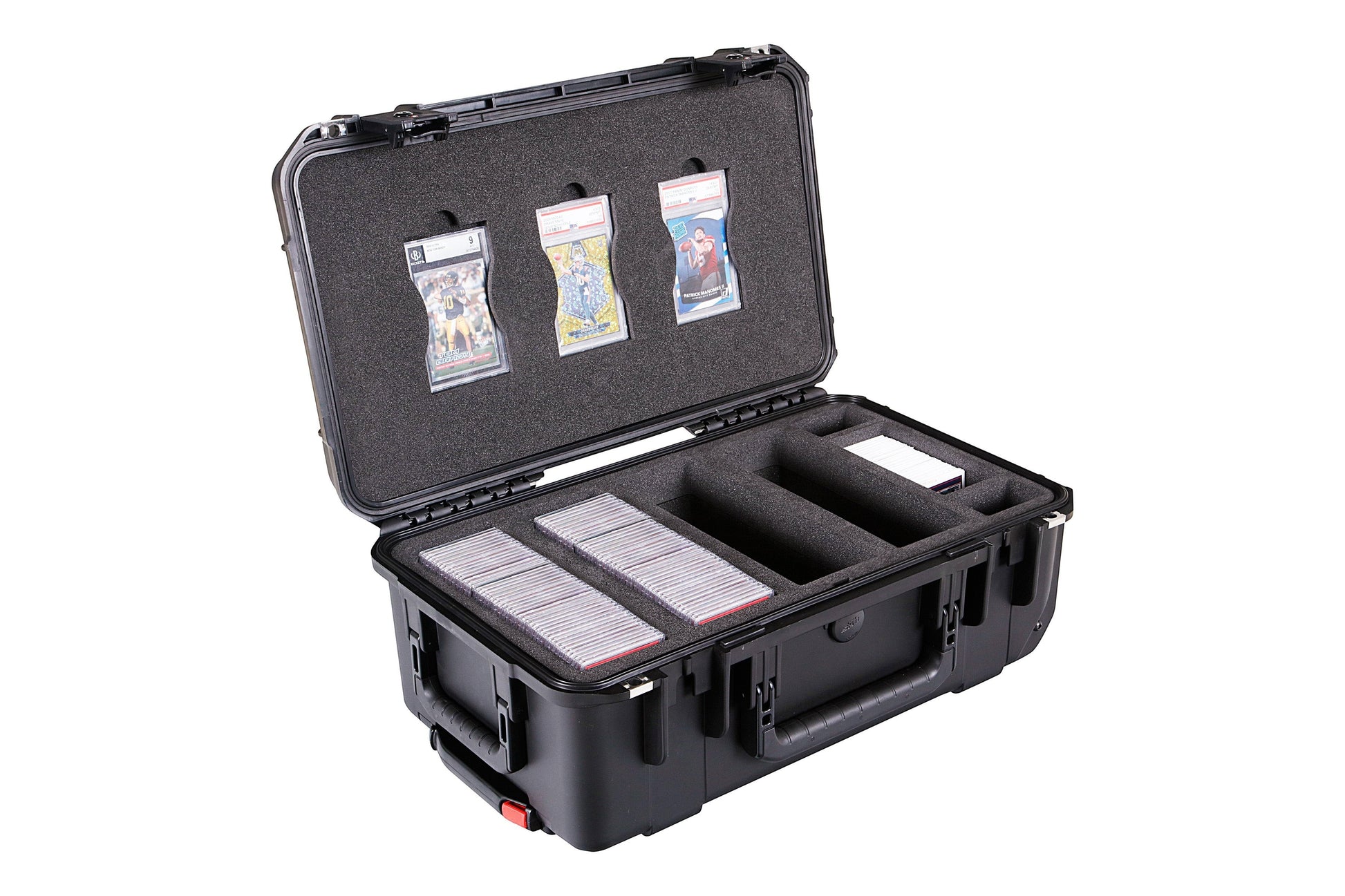 Black protective case with compartments for items on a white background