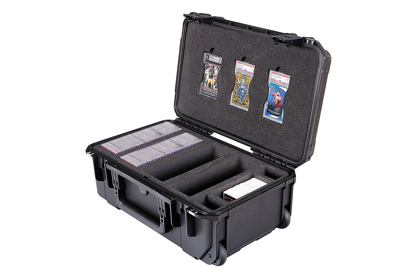 Black protective case with compartments for items on a white background
