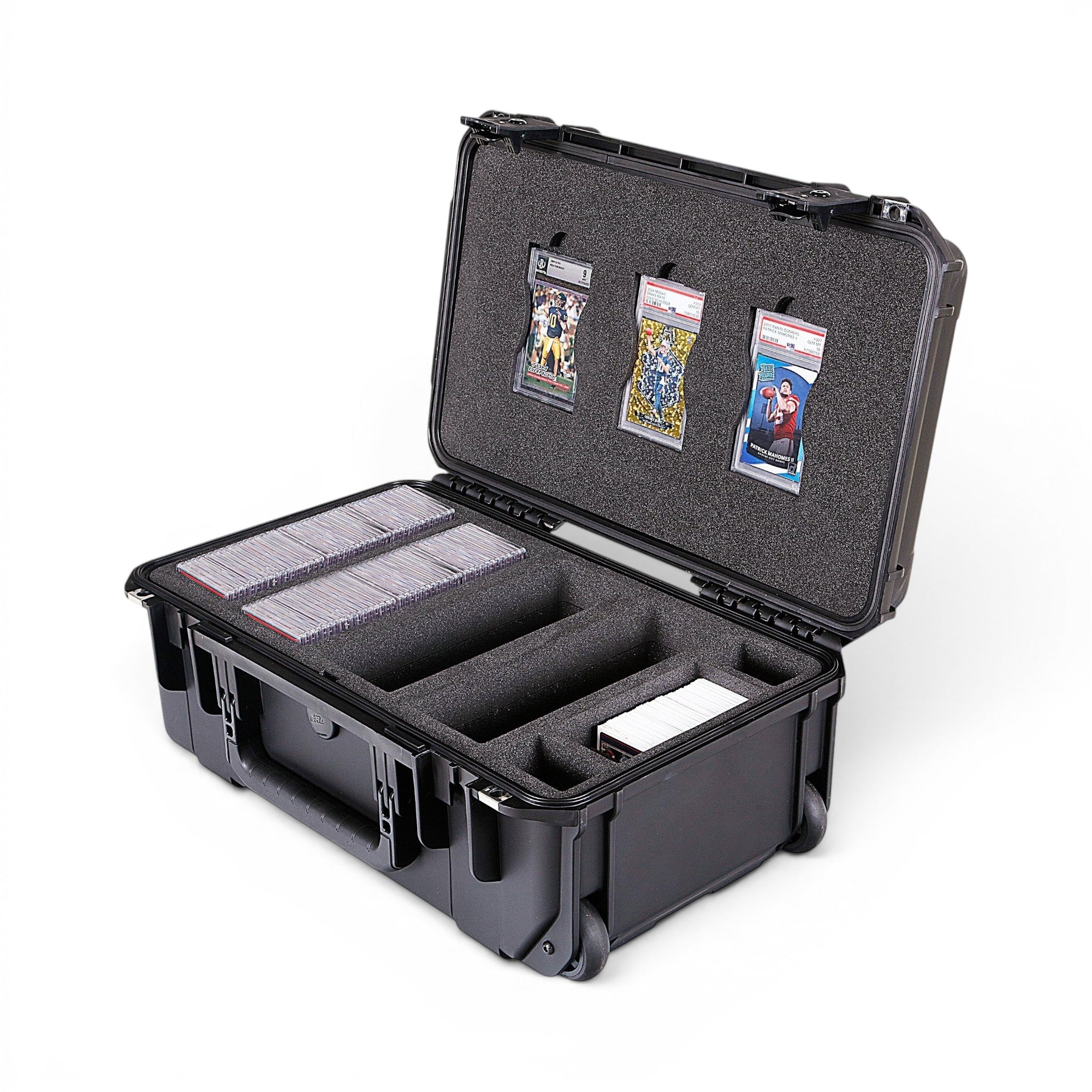 Black protective case with compartments for items on a white background