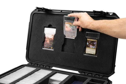 Black protective case with compartments for card storage, being held open by a hand.