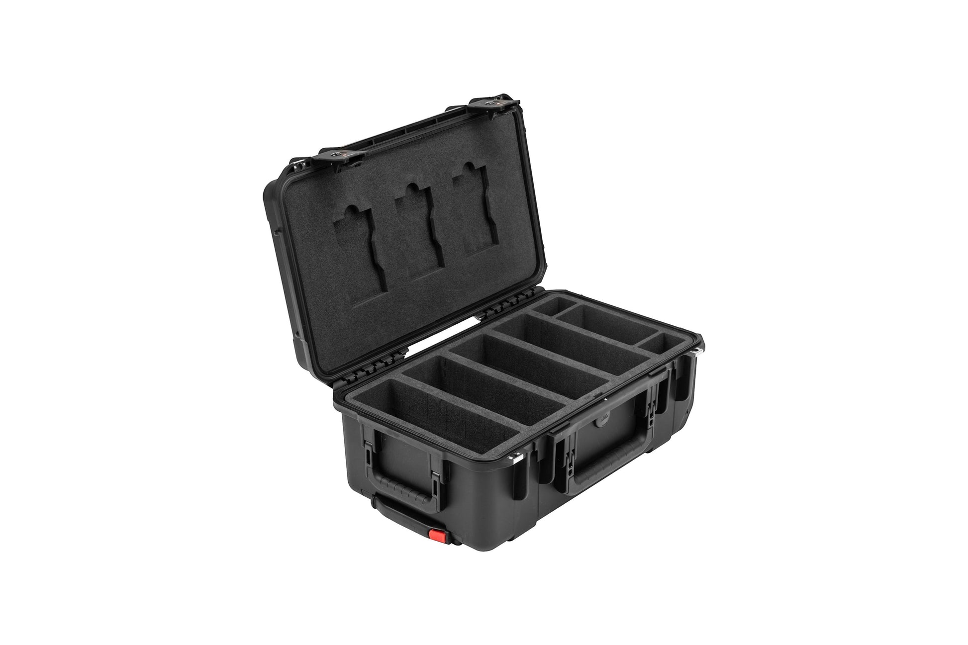 Black hard-shell protective case on a white background