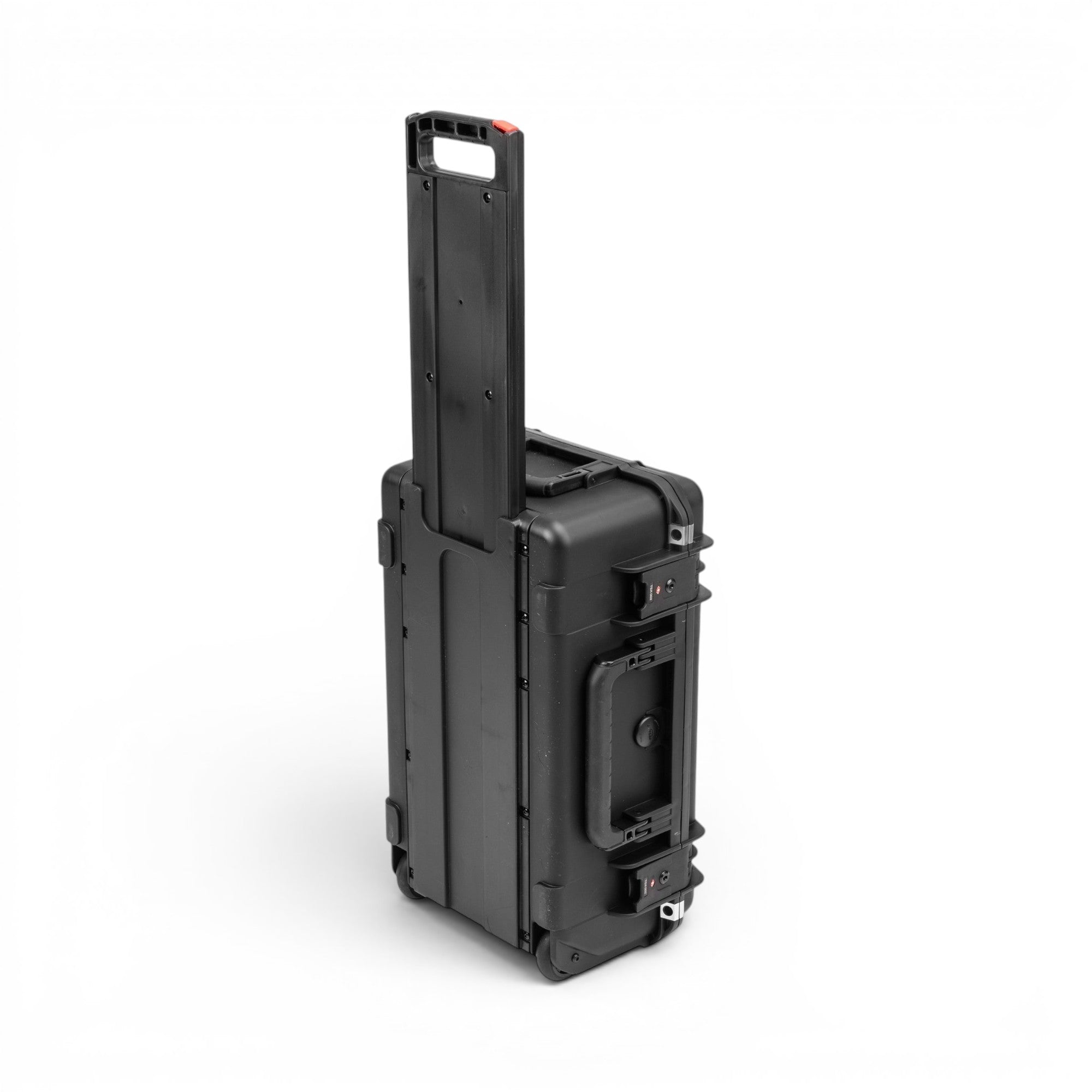 Black hard-shell travel case with handle on a white background