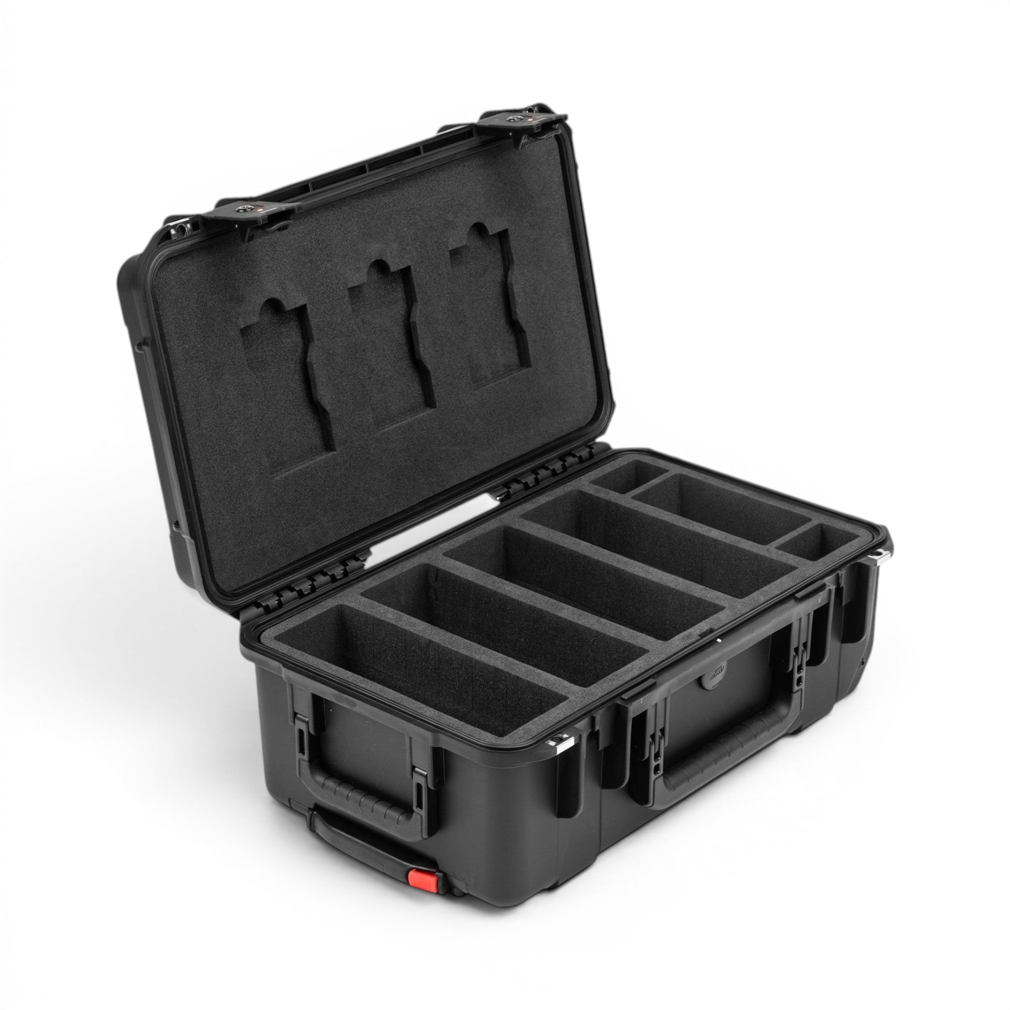 Black hard-shell protective case on a white background