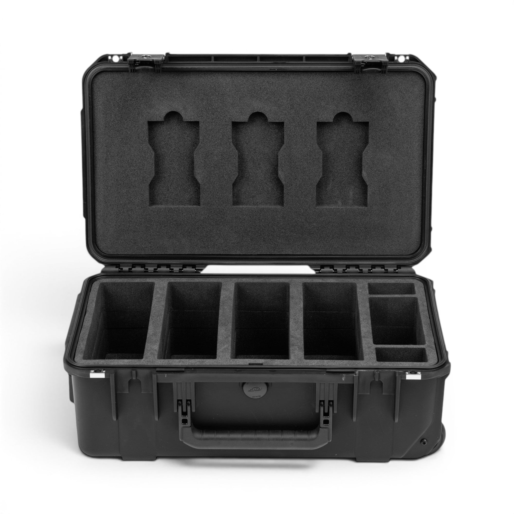 Black hard-shell protective case with foam interior on a white background