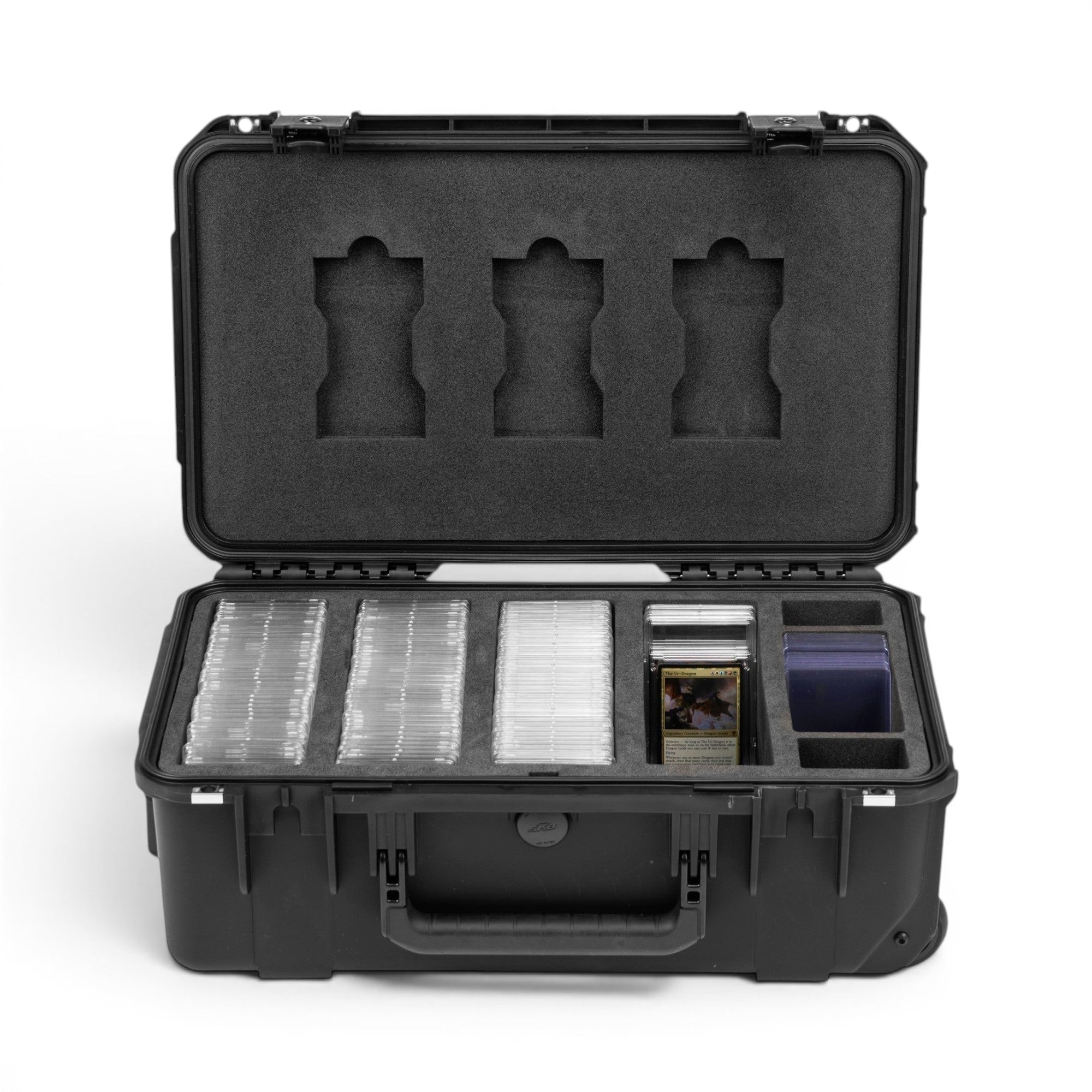 Black hard-shell protective case with compartments on a white background