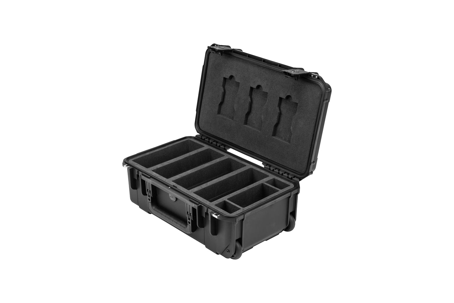 Black hard-shell protective case with open lid on a white background