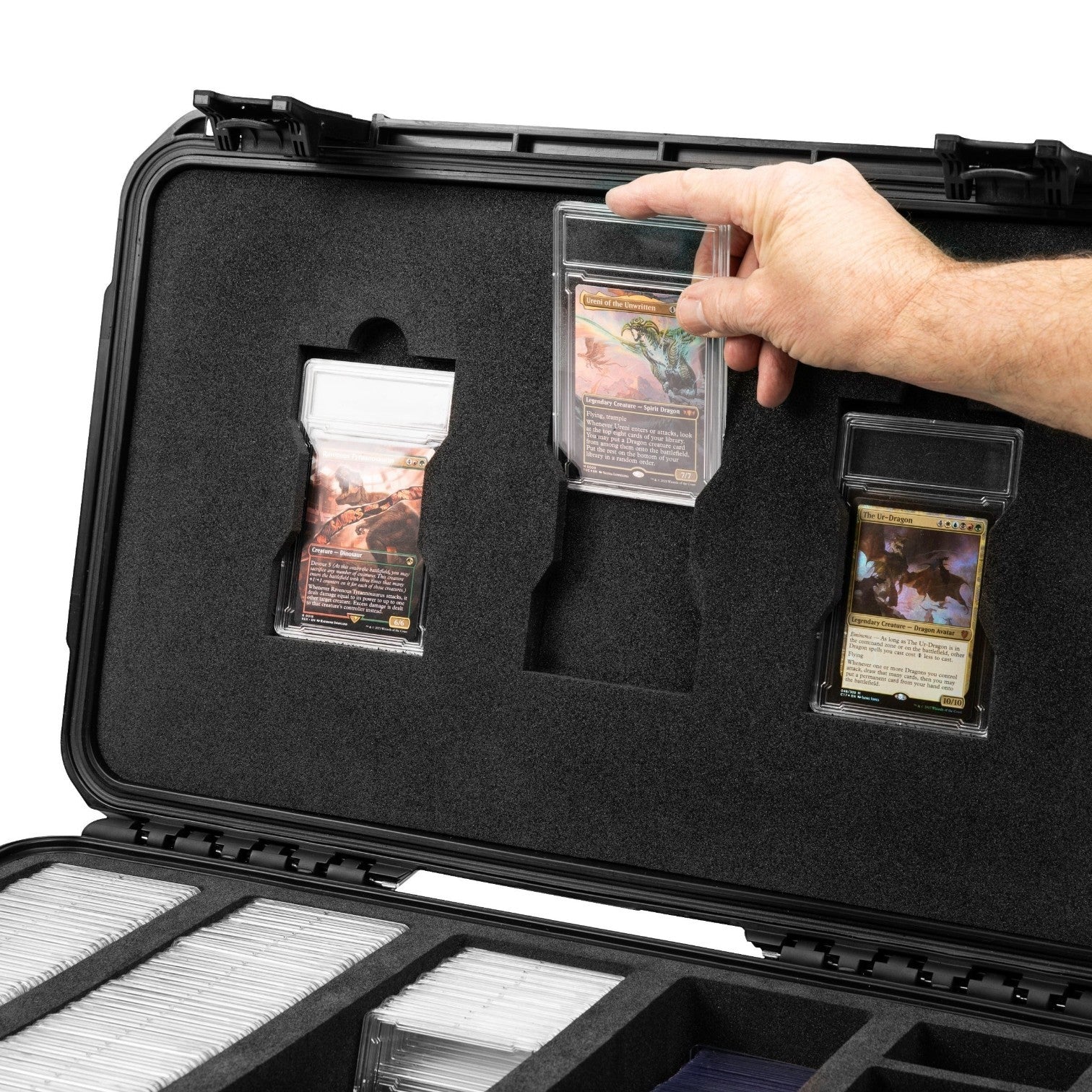 Black protective case with compartments for card storage, being held open by a hand.