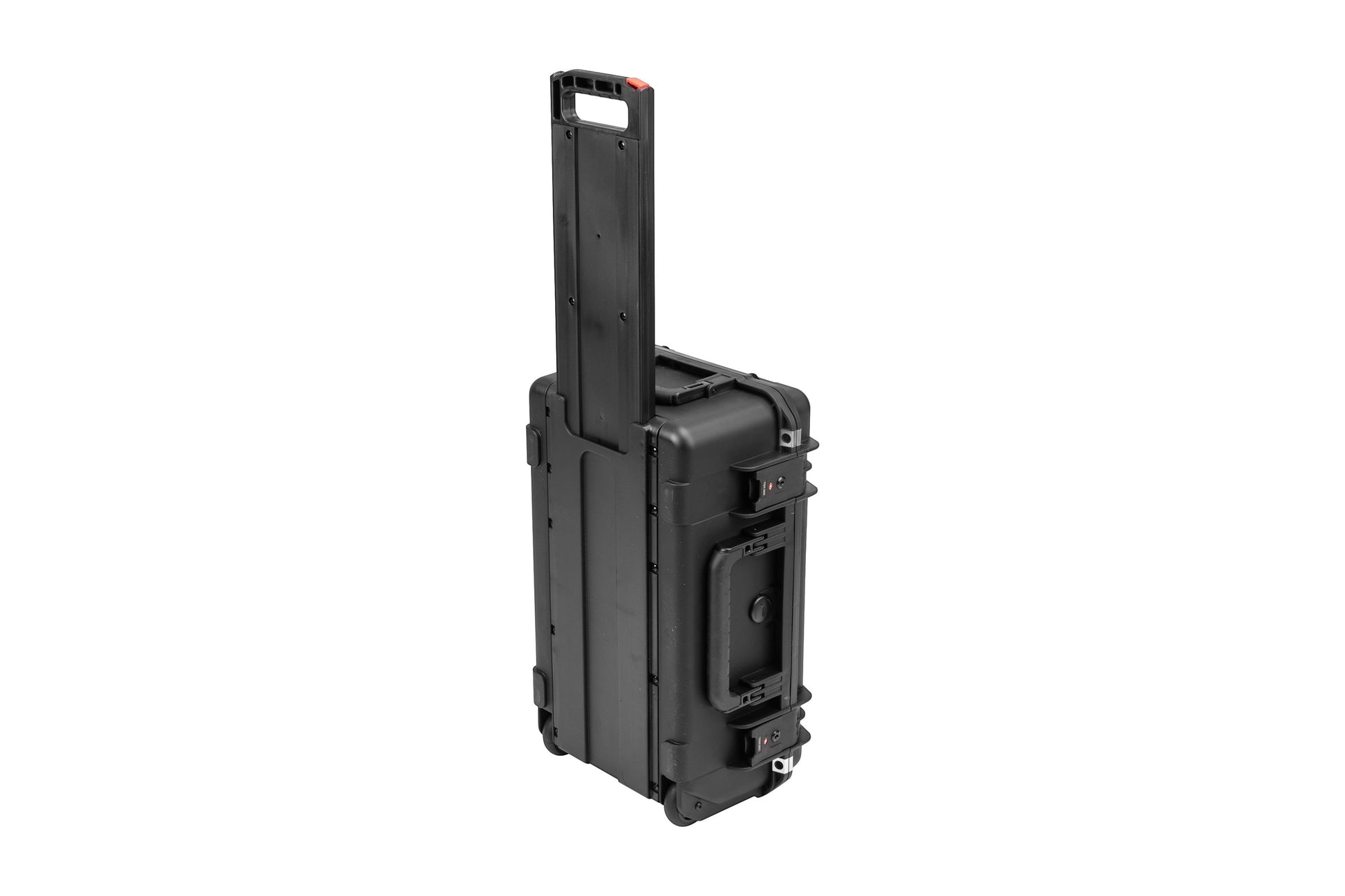 Black hard-shell travel case with handle on a white background