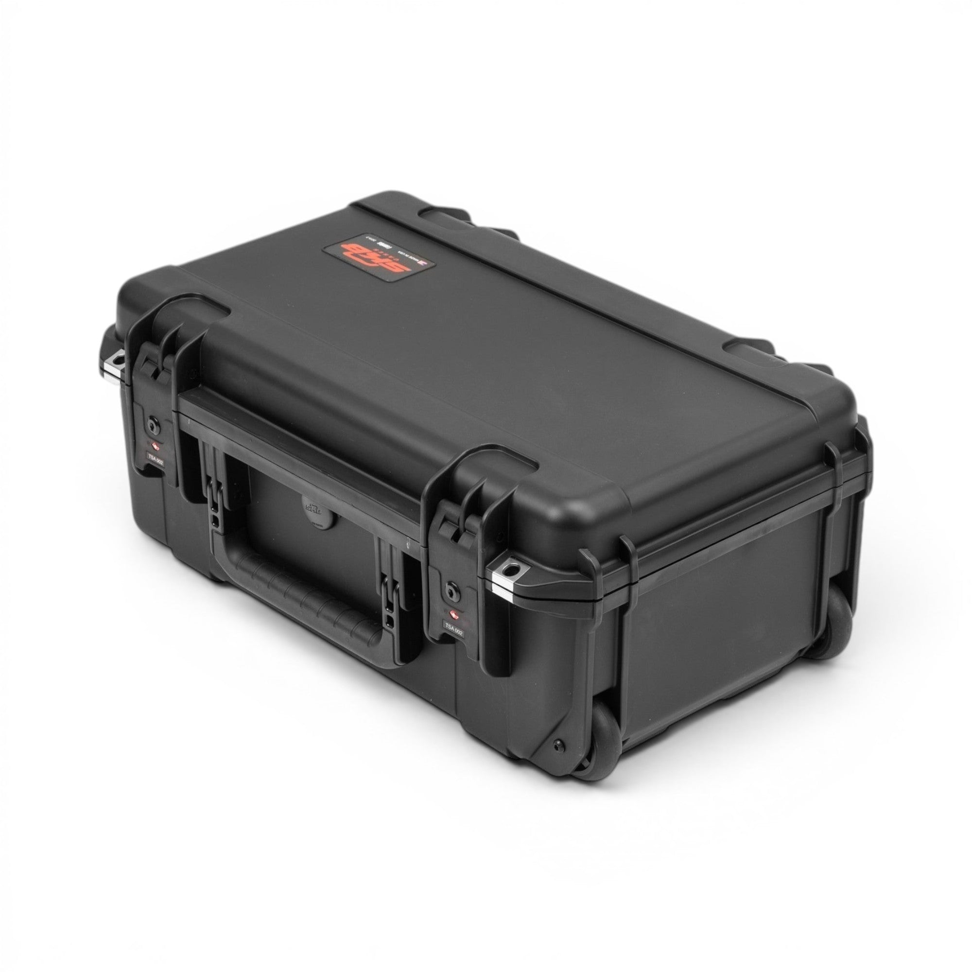 Black hard-shell travel case on a white background