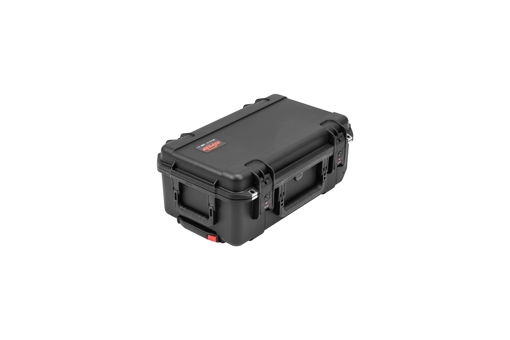 Black hard-shell protective case on a white background