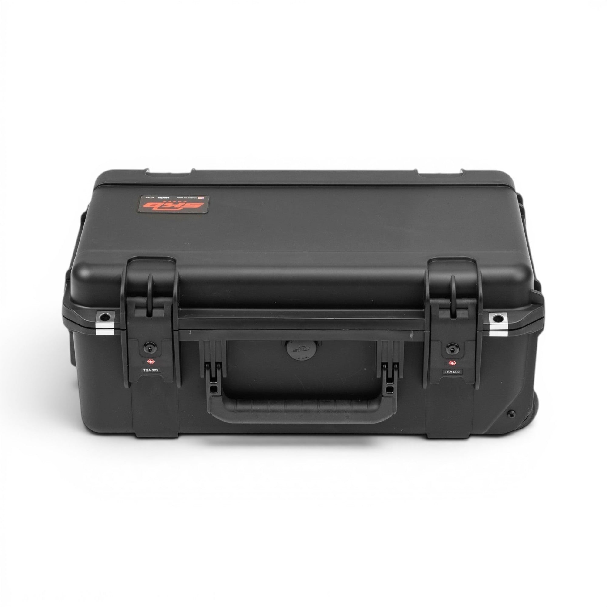 Black hard-shell travel case on a white background
