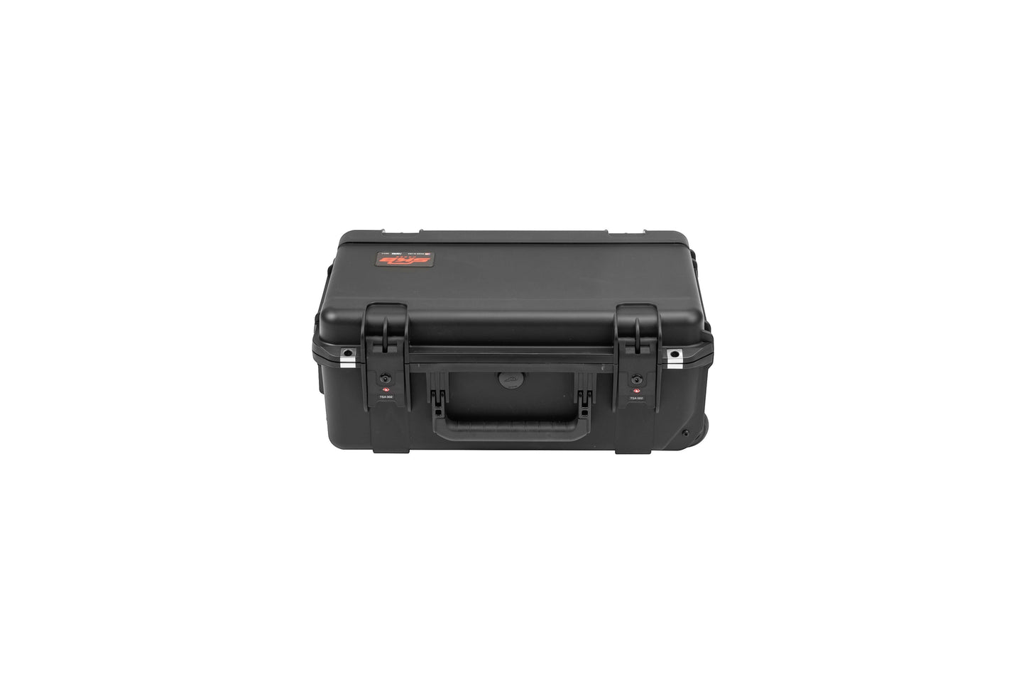 Black hard-shell travel case on a white background