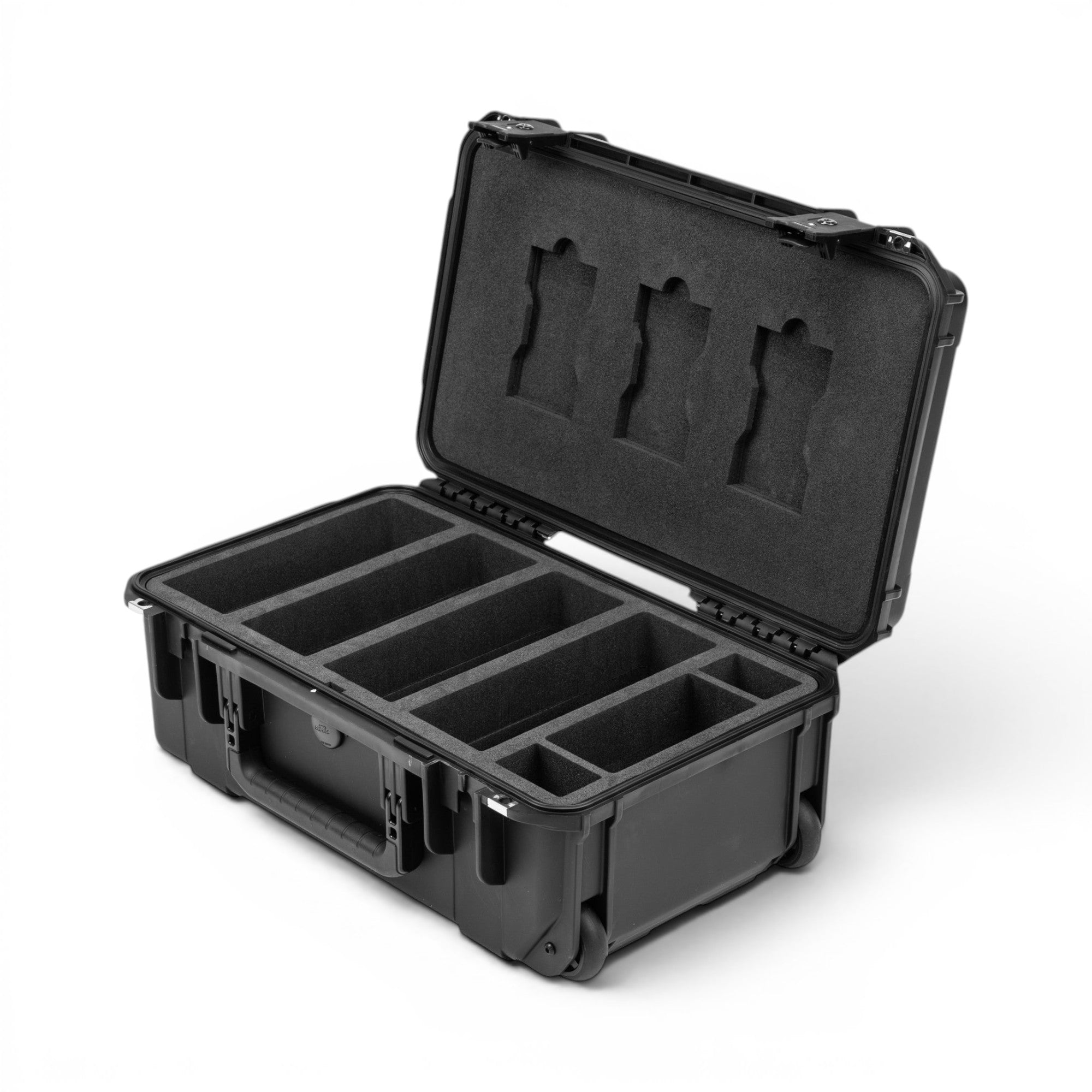 Black hard-shell protective case with open lid on a white background