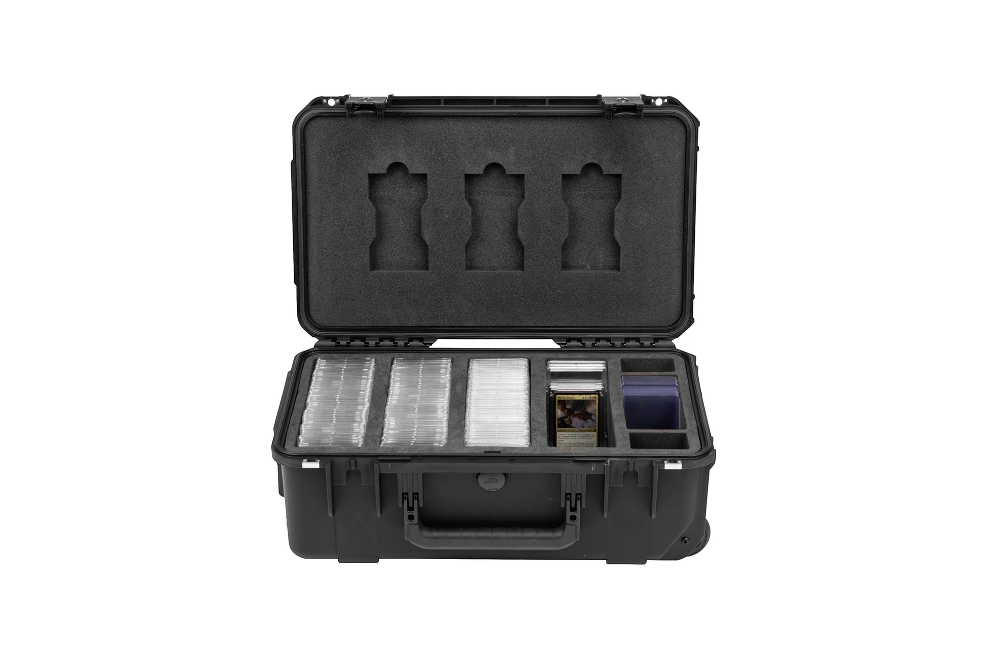 Black hard-shell protective case with compartments on a white background