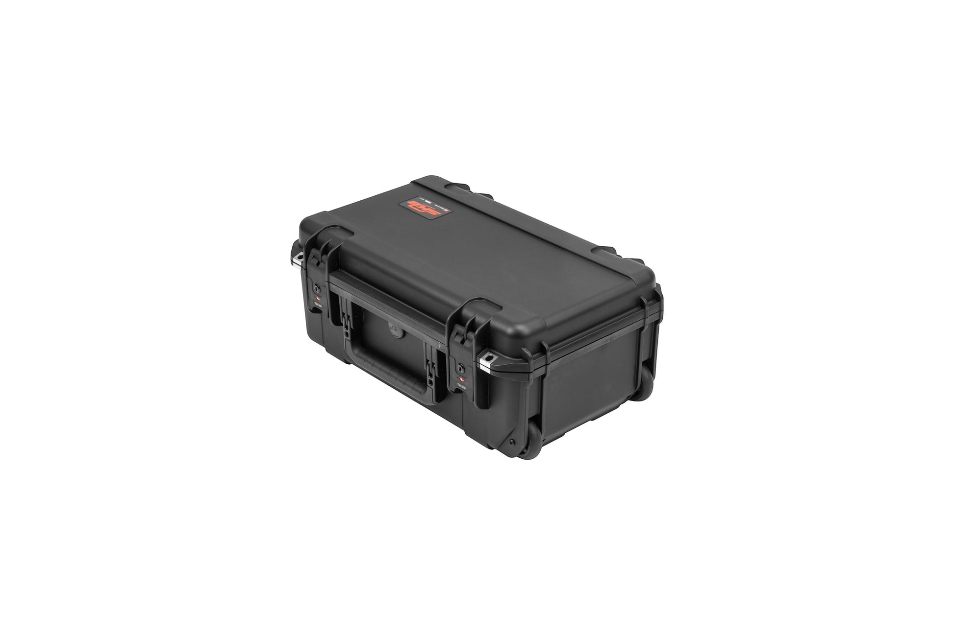 Black hard-shell travel case on a white background