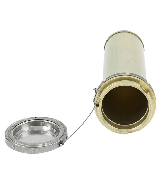 Cylindrical metal component with a beige exterior and silver interior on a white background
