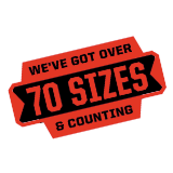 Red and black banner with text 'We've got over 70 sizes & counting' on a white background