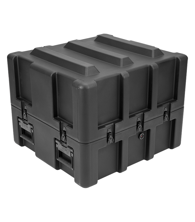 Black plastic storage case on a white background