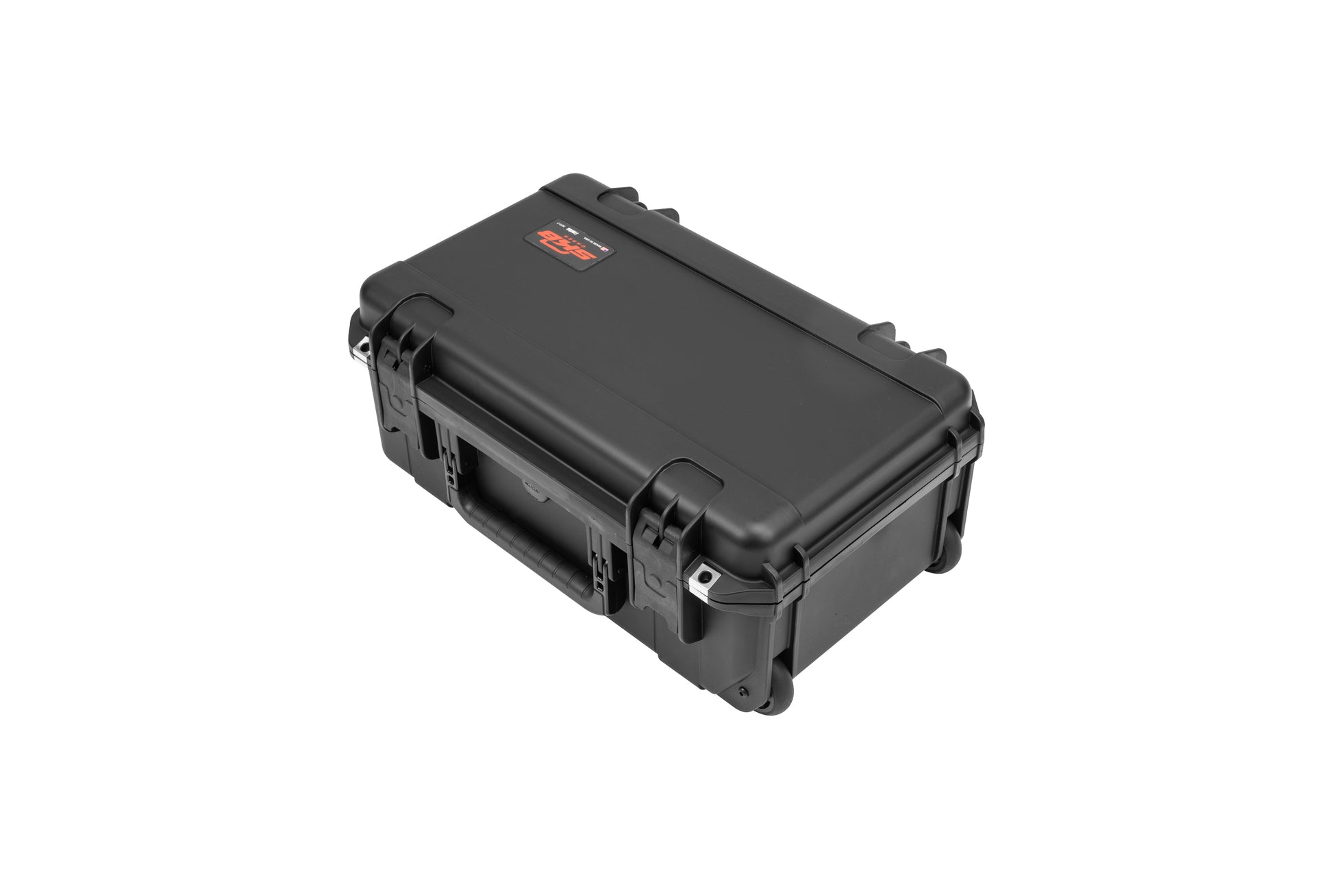 Black hard-shell protective case on a white background